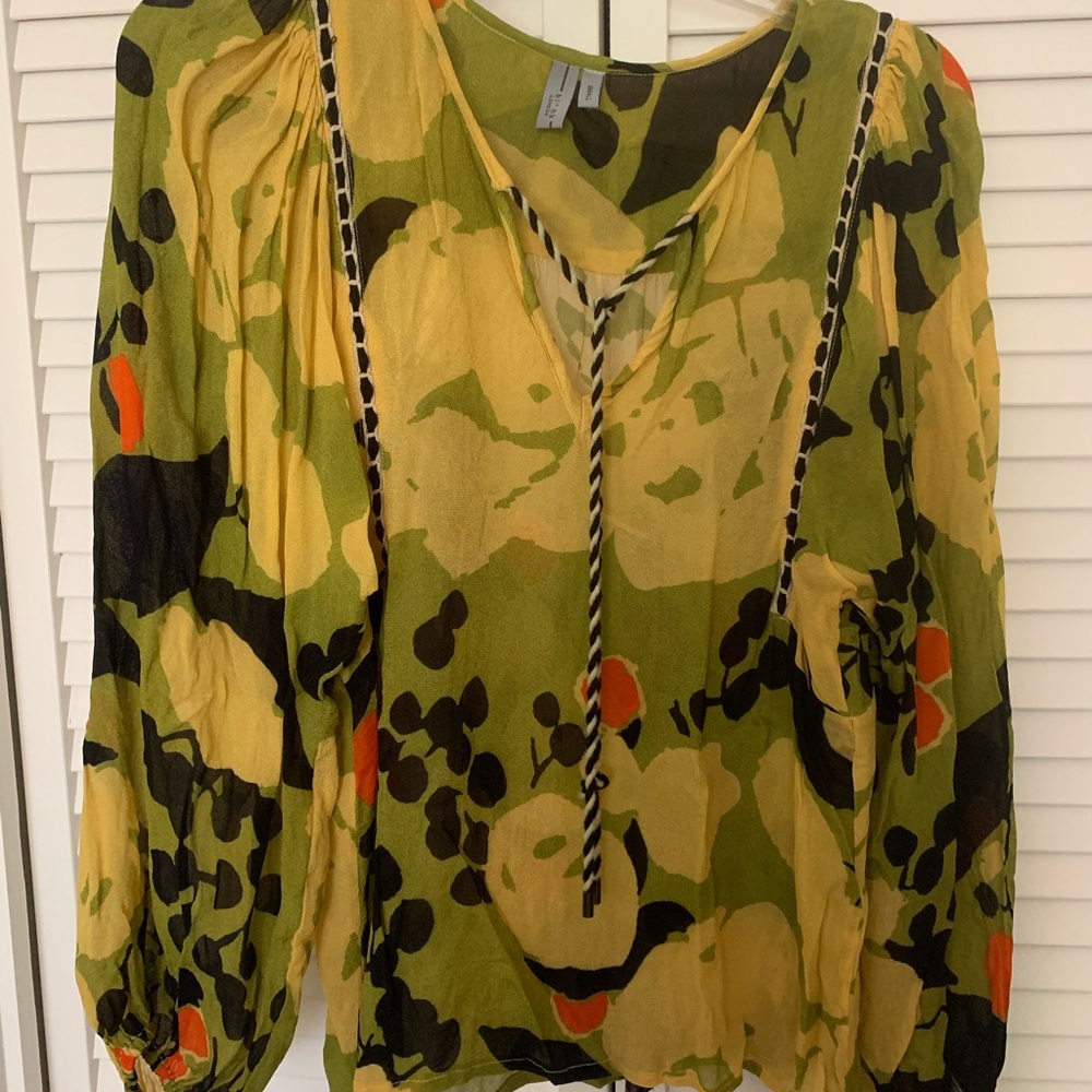 Anthropologie Black and Orange Relaxed Tie Front Blouse